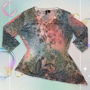 vtg y2k new directions fairycore rhinestone bling burnout asymmetric tee, sz xl